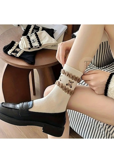 Trampler 4 Çift Kadın Pikotlu Ayıcık Desenli Renkli Çorap Kadın Mevsimlik Desenli Çorap Çok Renkli