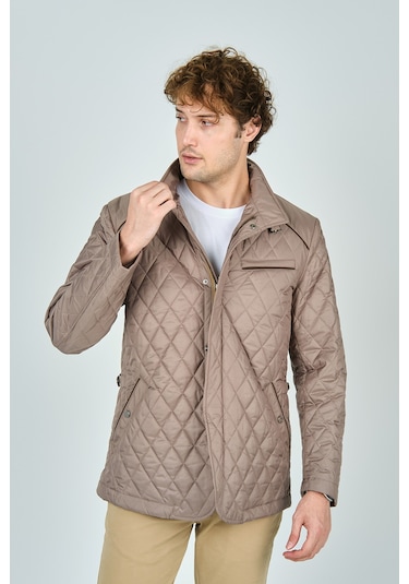 Allegro Erkek Dik Yaka Fermuar Ve Çıtçıt Kapamalı Kapitone Uzun Mont 5444 Bej Bej