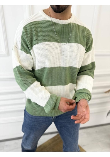 Kazak Oversize Tüylenmez Naturel Pamuk Örme Triko Kazak Haki - Yeşil