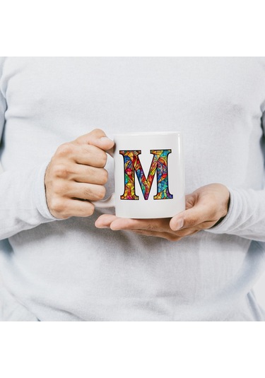 M Harfi Bardak 330 Ml İsme/harfe Özel Hediye, Renkli Harf Tasarım Beyaz