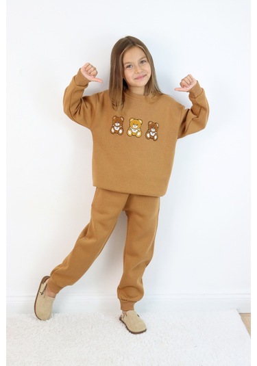 Kız Çocuk 3'lü Ayıcık Nakışlı 3 İplik Oversize Şardonlu Takım Kahverengi