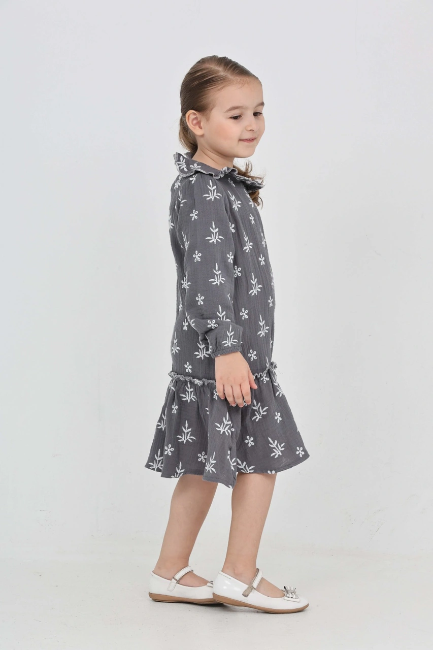 Toontoy Kız Çocuk Çiçek Nakışlı Bebe Yaka Elbise Füme