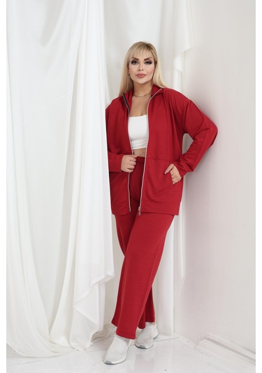 Kadın Büyük Beden Fermuarlı Uzun Kollu Rahat Günlük Eşofman Takım Bordo