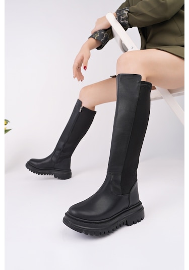 Muggo Nerox Kalın Taban Streç Detaylı Fermuarlı Kadın Çizme - Siyah