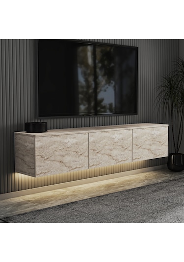 Neon Led Işıklı Duvara Monte,3 Kapaklı Tv Ünitesi,tv Sehpası Sandık Ceviz - Bej Bej
