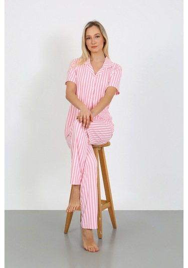Nisanca Kısa Kollu Milan Gömlek Pijama Takımı- Genç Anne Serisi Pembe