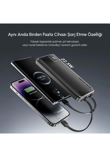 Ven-dens Vd-pb061 20000mah Premium Powerbank Dahili Çift Kablolu Siyah