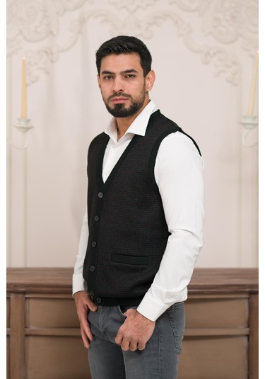 Woolen World Regular Fit Ön Cepli Desenli Kolsuz Erkek Triko Yelek Siyah