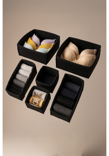 Keçe Çekmece Ve Dolap Düzenleyici Organizer Seti 6 Parça Siyah, Çok Amaçlı Düzenleyici Kutular Siyah