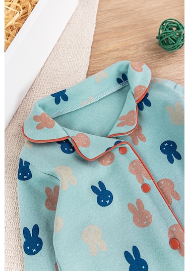 Önden Çıt Çıtlı Tavşan Desenli Yeşil Pamuklu Erkek Bebek/çocuk Pijama Takımı 001