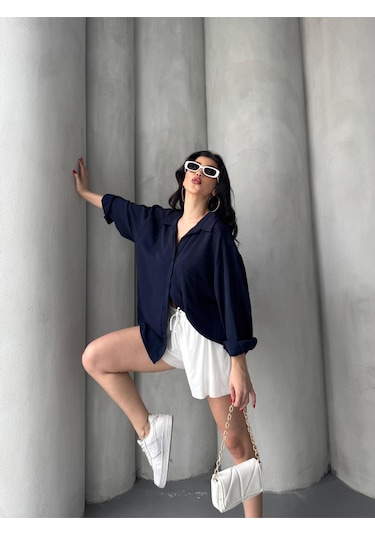 Paw Garage Kadın Flory Ayrobin Oversize Tek Cep Gömlek Lacivert
