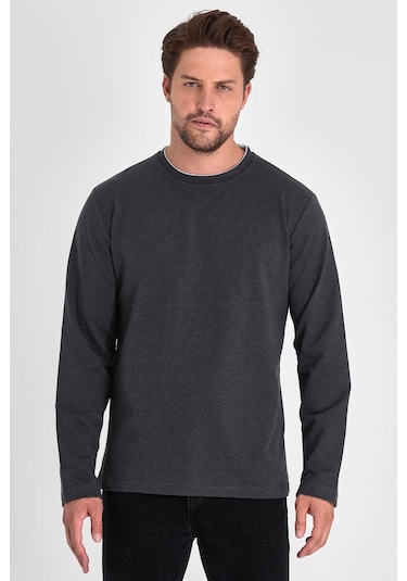 MMetalic Çift Bisiklet Yaka Standart Rahat Kesim Erkek Sweatshirt Antrasit