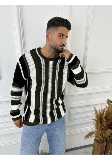 Kazak Oversize Renkli Örgü Desenli Naturel Pamuk Bol Kesim Salaş Triko Kazak Siyah