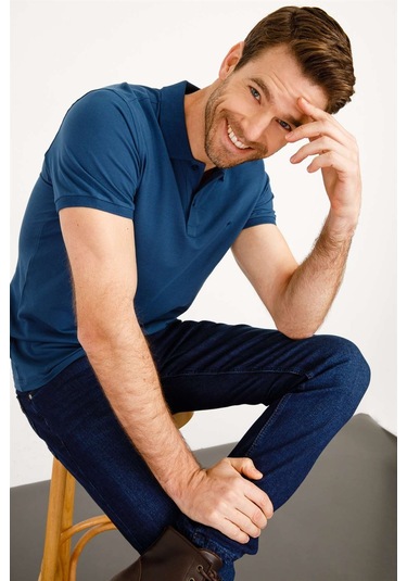 Erkek Marin Modernfit / Dar Kalıp Polo Yaka Tişört-3974 Marin