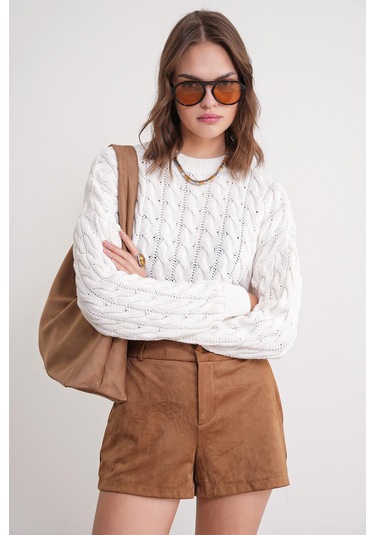 6863 Kadın Saç Örgülü Crop Triko Kazak Kemik Kemik