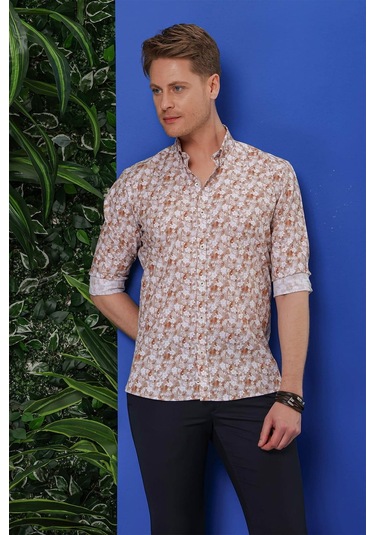 G 1542 Slim Fit Taba Klasik Gömlek Taba
