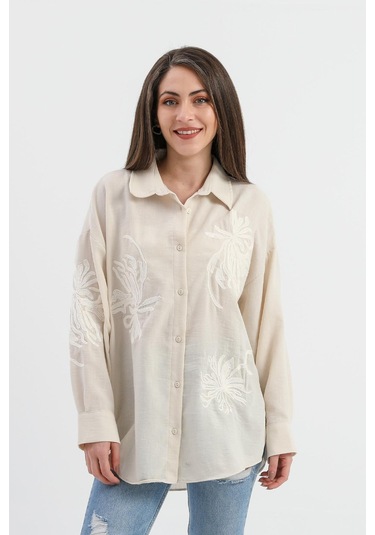 Pulpayet Nakışlı Keten Gömlek - Bej-bej Bej