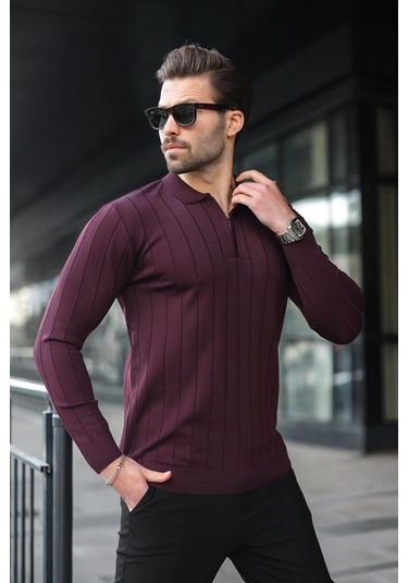 Bordo Polo Yaka Fermuarlı Örme Kazak 7242 Bordo