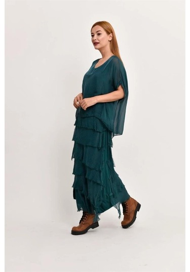 İtalyan 2 Beden İnce Gösteren Yarım Kol Kat Kat Ipek Elbise Zümrüt Yeşili