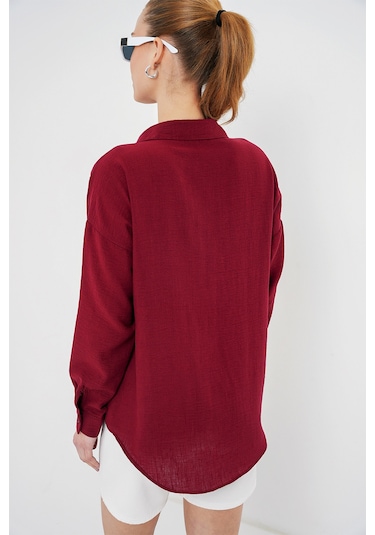 Bigdart 20153 Tek Cepli Oversize Keten Gömlek - Bordo