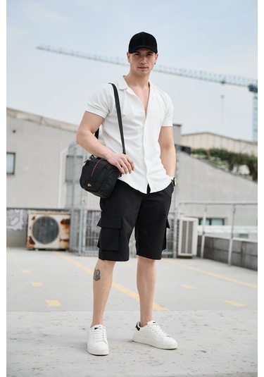 Siyah Renk Kargo Cepli Paraşüt Kumaş Erkek Şort-1555 Siyah