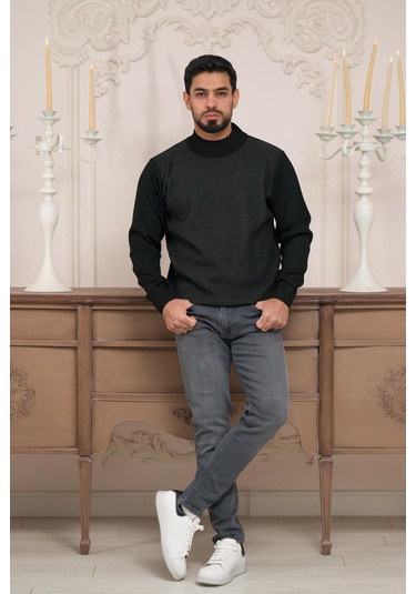 Woolen World Balıkçı Yaka Desenli Yünlü Erkek Triko Kazak Antrasit