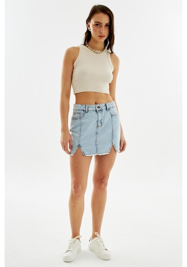 Kadın Pileli Yırtmaçlı Yüksek Bel Mini Kot Etek Açık Mavi-açık Mavi Açık Mavi