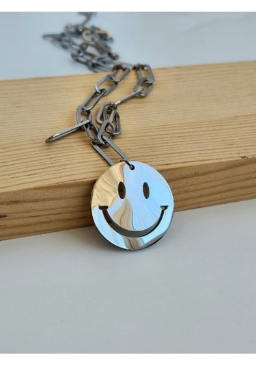 Eva Takı Çelik Gülen Smile  Emoji Model Uzun Kolye Gümüş