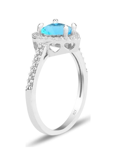 Söğütlü Silver Gümüş Rodyumlu Mavi Taşlı Pırlanta Montürlü Kalp Modeli Yüzük