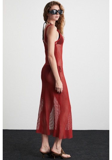 GRIMELANGE Deryn Kadın File Pamuklu Kumaşlı V Yakalı Eteği Kloş Plaj Giyimi Kiremit Rengi Elbise Kiremit Rengi