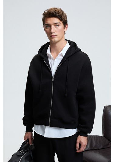 ASHBY Erkek Kapüşonlu Fermuarlı Cepli Kordonlu Regular Fit Siyah Sweatshirt