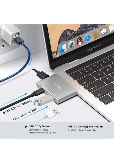 Usb Çoğaltıcı Çoklayıcı Usb-C Hdmı Çevirici 4K 1Xhdmı 1Xusb3.0-Gri