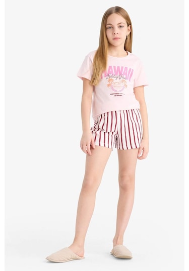 DeFacto Kız Çocuk Pijama Takımı Baskılı Kısa Kollu Tişört Çizgili Şort E6558A825SMPN343 Pembe