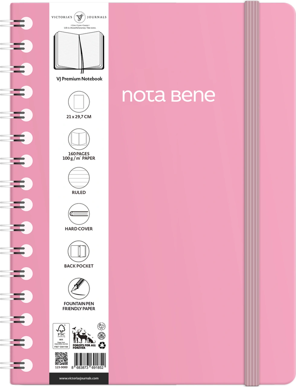 Nota Bene Spiralli Premium Sert Kapak Defter, 21x29,7 Cm, Çizgili Pembe