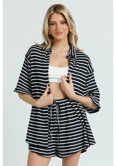 Madmext Siyah Kadın Şort Gömlek Takım Mg2328 Siyah