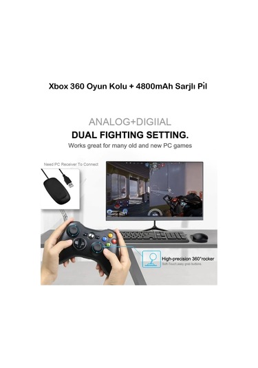Xbox 360 Pc Uyumlu Kablosuz Analog Oyun Kolu Ve 4800mah Batarya Seti Siyah