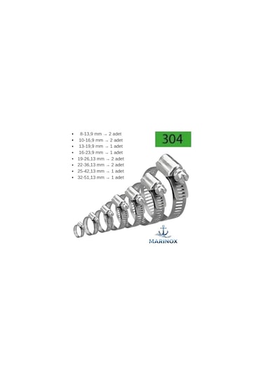 Paslanmaz Hortum Kelepçesi - Karışık Marine Set 12 Parça 8-51 Mm