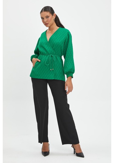Örgü Desenli, Kuşaklı Bluz - Modern Ve Şık Tasarım - Günlük Ve Özel Kullanım İçin Zarif Tasarım Yeşil