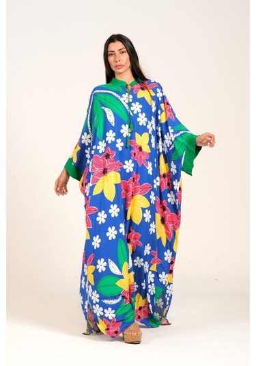 Kadın Mavi Çiçekli Sıfır Yaka Yarasa Kollu Oversize Uzun Elbise - Mavi