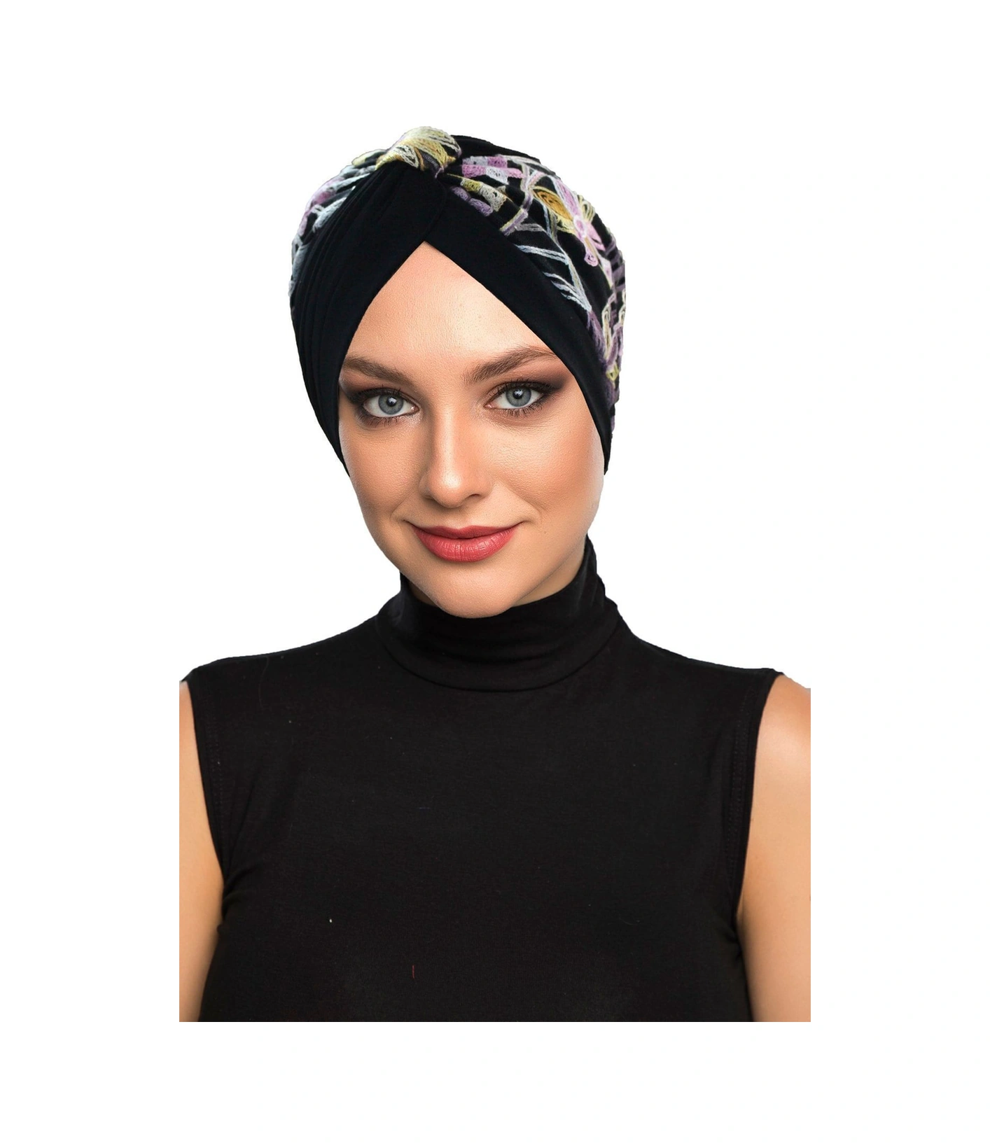 Otantik Nakış Motifli Astarlı Hazır Türban Tesettür Bone Siyah Motif 7