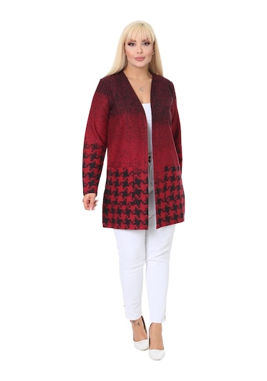 Melsay Butik Kırmızı Kazayağı Desen Kısa Büyük Beden Kadın Hırka Kırmızı