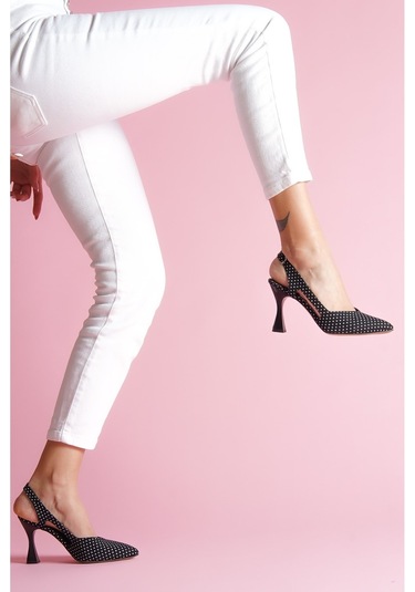 Duck Siyah Puantiyeli Yanları Açık Topuklu Ayakkabı