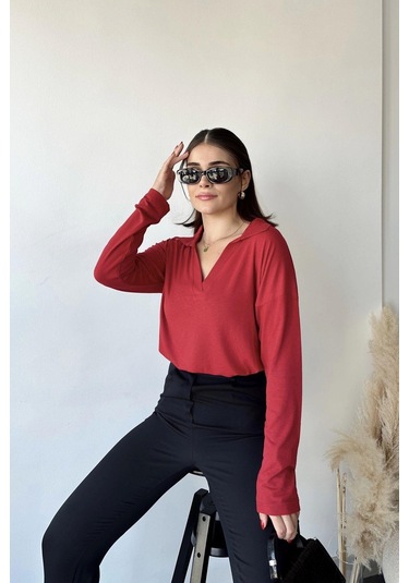 Kadın Kırmızı Polo Yaka Basic Bluz, Uzun Kol, Regular Kesim, Günlük Ve Spor Sweatshirt Kırmızı