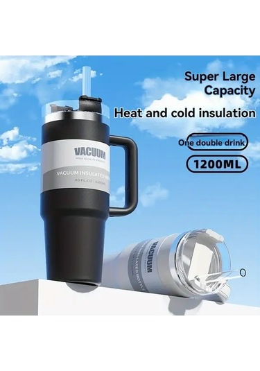 Trendooze 40 Oz Paslanmaz Çelik Gri Sızdırmaz Termos Matara Kapaklı Pipetli Gaojunshop01 Gri