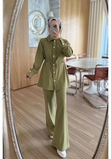 Gold Düğme Detaylı Fitilli Takım - Yağ Yeşili Yağ Yeşili