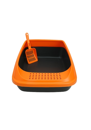 Kürekli Açık Kedi Tuvaleti - Sıçrama Önleyici Yüksek Kenarlı Kedi Kumu Kabı Turuncu
