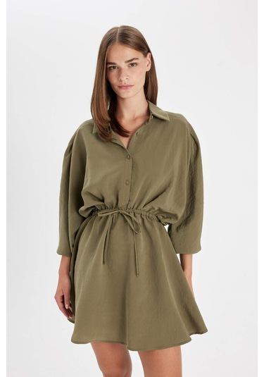 DeFacto Gömlek Yaka Beli Büzgülü Bağcıklı Basic Düz Modal Yarasa Kollu Mini Elbise C4472AX24AUKH21 DeFacto Gömlek Yaka Beli Büzgülü Bağcıklı Basic Düz Modal Yarasa Kollu Mini Elbise C4472AX24AUKH21