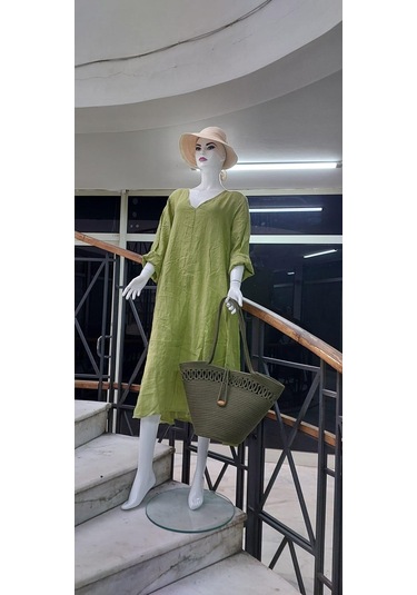 İtalyan V Yaka Uzun Kol Keten Elbise-8907 Fıstık Yeşili