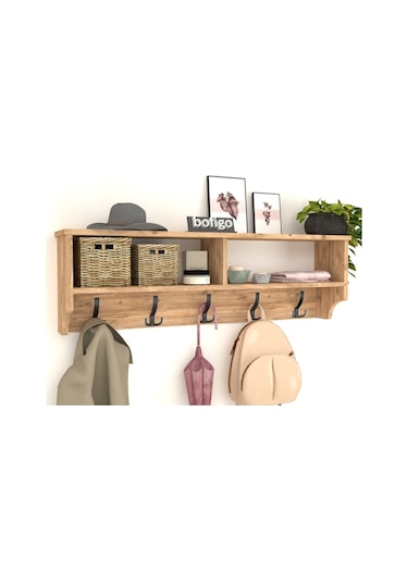 Bofigo Portmanto Duvar Askılığı Elbise Askılığı Raflı Duvar Askıl Çam