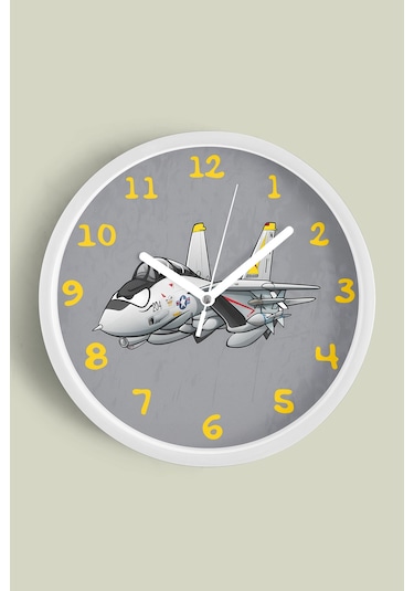 Jet Uçak Çizimli Modern Duvar Saati - 30cm - Önü Camlı Beyaz Kasa - Sessiz Mekanizma Beyaz